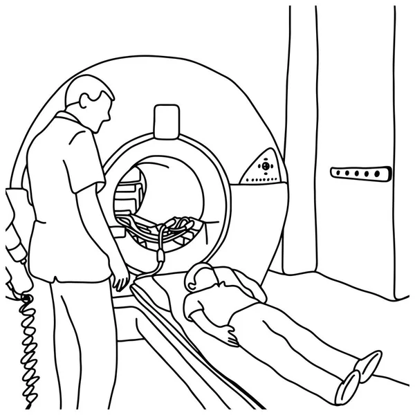 Garçon patient subissant CT Scan à l'hôpital avec l'illustration vectorielle homme spécialiste croquis à la main dessiné avec des lignes noires, isolé sur fond blanc. Concept médical . — Image vectorielle