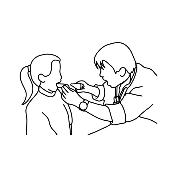 Девушка с открытым ртом готова к осмотру стоматолога векторным рисунком руки, нарисованной черными линиями, выделенными на белом фоне — стоковый вектор