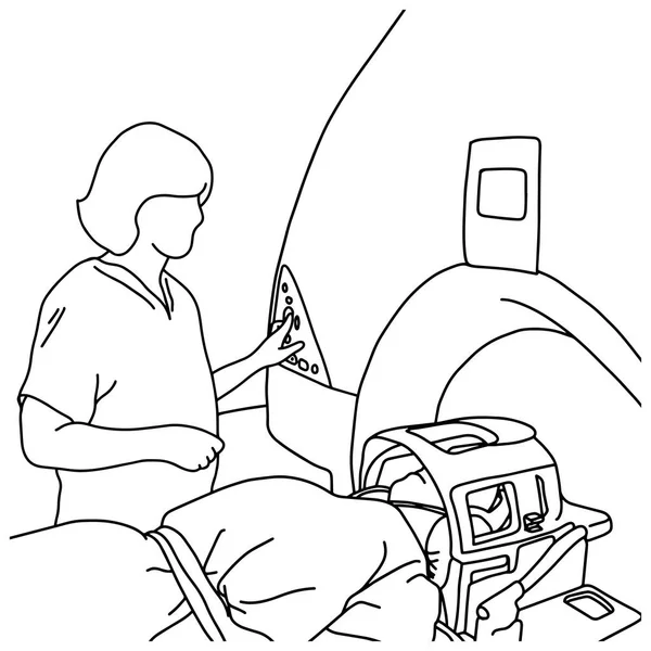 Specialista donna accendere scanner MRI per paziente in schizzo illustrazione vettoriale ospedale disegnato a mano con linee nere, isolato su sfondo bianco. Concetto medico . — Vettoriale Stock