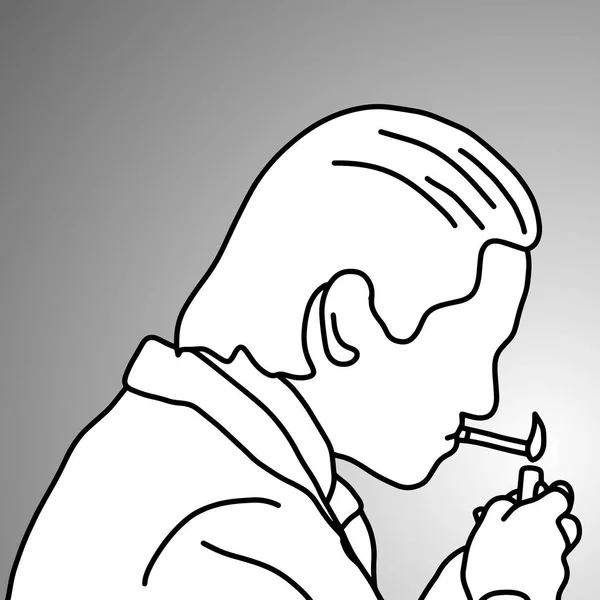 Close-up zakenman verlichting zijn sigaret vector illustratie doodle schets hand getekend met zwarte lijnen geïsoleerd op een grijze achtergrond. — Stockvector