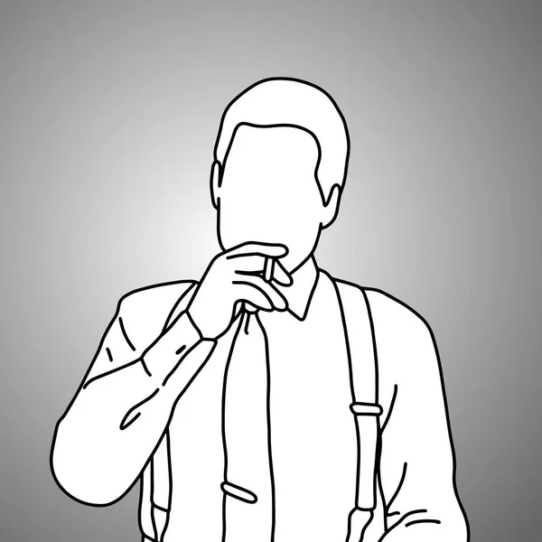 Serio uomo d'affari con bretelle o bretelle fumante vettore illustrazione schizzo scarabocchio disegnato a mano con linee nere isolate su sfondo grigio . — Vettoriale Stock