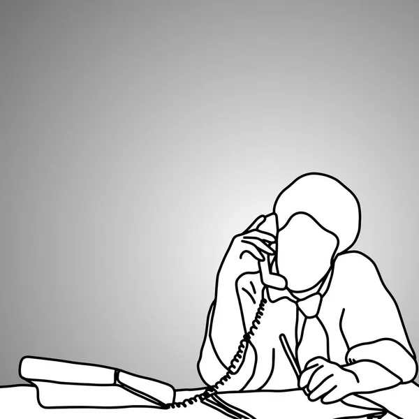 Hombre de negocios serio usando teléfono de escritorio con pluma en su mano ilustración vectorial garabato bosquejo mano dibujada con líneas negras aisladas sobre fondo gris. desafío concepto de negocio . — Archivo Imágenes Vectoriales