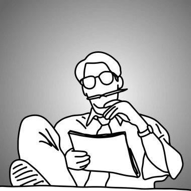 işadamı ayak izole gri arka plan üzerinde siyah çizgilerle çizilmiş ağız vektör çizim doodle kroki elindeki kalemle masaya bırak. Takım çalışması iş kavramı.