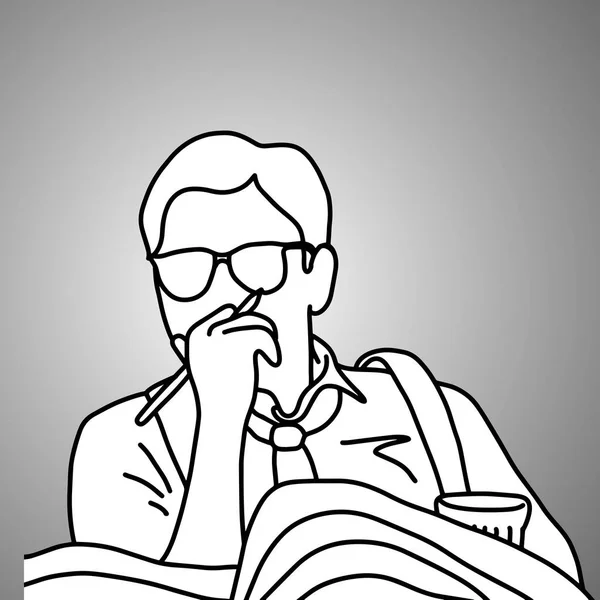 Hombre de negocios serio con gafas que sostiene la pluma delante de los libros en el escritorio ilustración vectorial garabato bosquejo mano dibujada con líneas negras aisladas sobre fondo gris. Concepto de negocio de trabajo en equipo . — Vector de stock