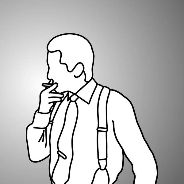 Estresado hombre de negocios con tirantes o tirantes fumar vector ilustración garabato bosquejo mano dibujada con líneas negras aisladas sobre fondo gris . — Vector de stock