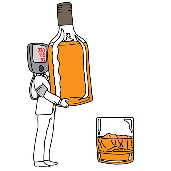 Metapher Ursache von Bluthochdruck oder Bluthochdruck ist Trinken Alkohol Vektor Illustration Skizze Hand mit schwarzen Linien gezeichnet, isoliert auf weißem Hintergrund. Bildungsmedizinisches Konzept. — Stockvektor