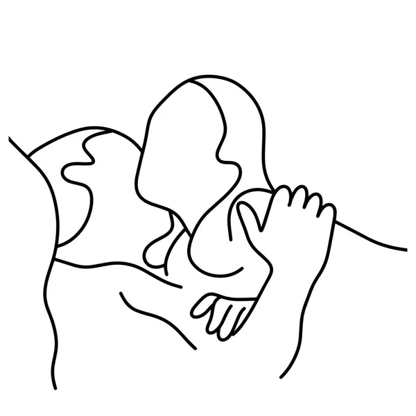 Esquema hombre beso mujer en cama vector ilustración bosquejo mano dibujado con líneas negras, aislado sobre fondo blanco — Archivo Imágenes Vectoriales