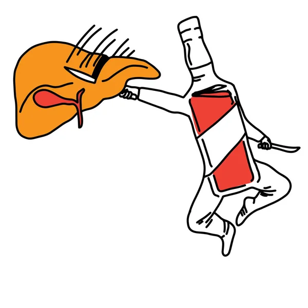 Metaphor alcohol killing your liver vector illustration sketch hand drawn with black lines, isolated on white background. Education Medical concept. — Stock Vector