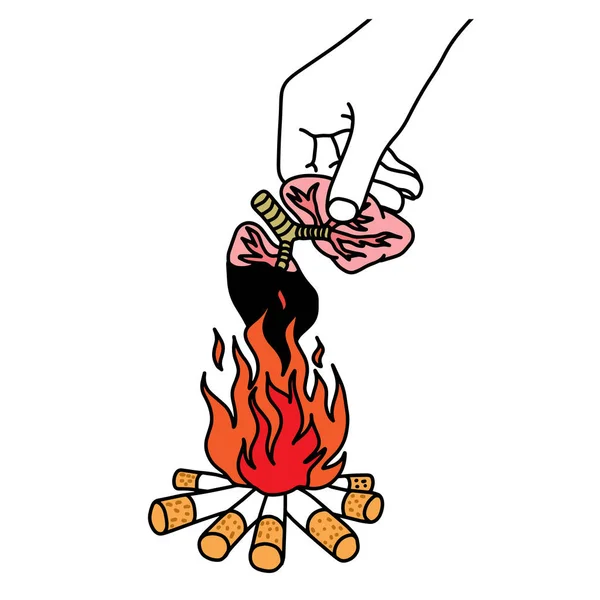 Metapher Zigarette brennende menschliche Lungen in der Hand Vektor Illustration Skizze Hand mit schwarzen Linien gezeichnet, isoliert auf weißem Hintergrund. Bildungsmedizinisches Konzept. — Stockvektor