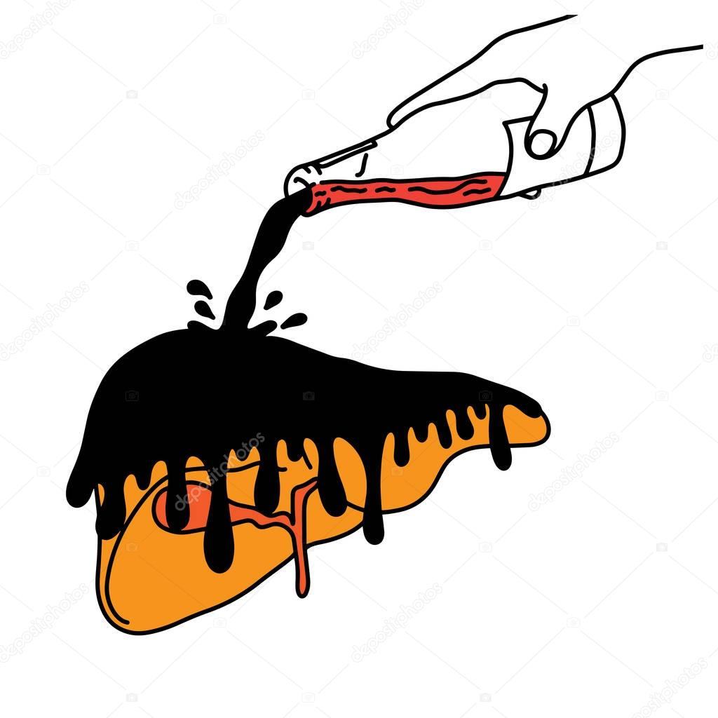 metaphor alcohol destroying your liver to be black vector illustration sketch hand drawn with black lines, isolated on white background. Education Medical concept.
