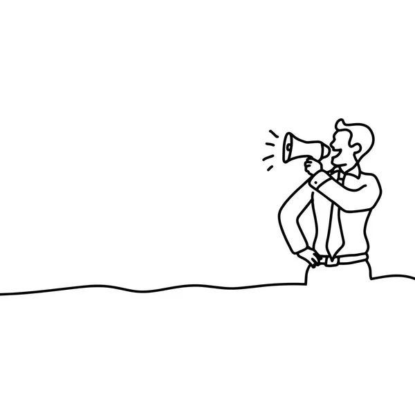 Podnikatel mluví do megafon a učinit oznámení vektorové ilustrace, skici ručně kreslenou s černými linkami, izolované na bílém pozadí — Stockový vektor