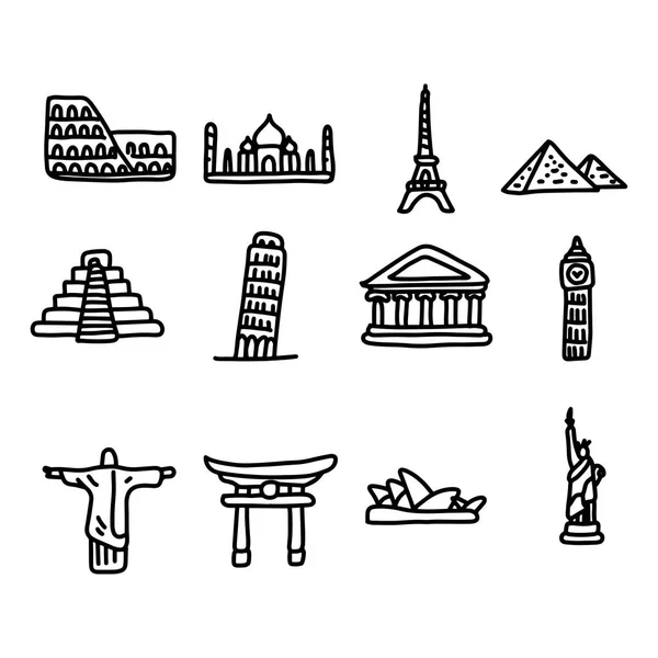 Conjunto de puntos de referencia de viaje alrededor del mundo icono conjunto vector ilustración bosquejo mano dibujada con líneas negras, aislado sobre fondo blanco — Archivo Imágenes Vectoriales
