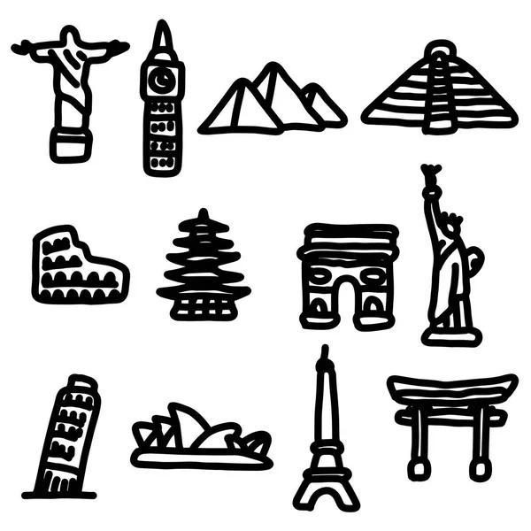 Iconos de viaje alrededor del mundo conjunto de iconos ilustración vectorial boceto dibujado a mano con grandes líneas negras, aislado sobre fondo blanco — Archivo Imágenes Vectoriales