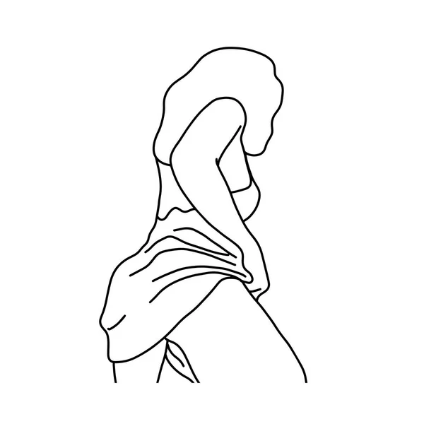 Sexy mujer de pie desde atrás ver vector ilustración bosquejo mano dibujada con líneas negras, aislado sobre fondo blanco — Vector de stock