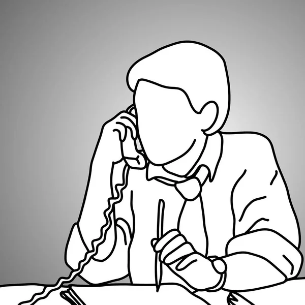 Vážný podnikatel pomocí telefonu stůl s tužkou v ruce levé ruky vektorové ilustrace doodle skica s černými linkami izolované na šedém pozadí. Obchodní koncept. — Stockový vektor