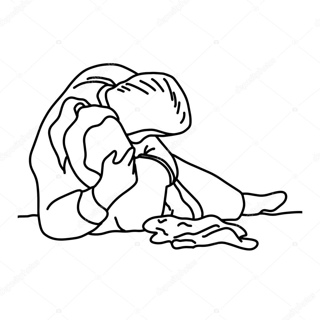 Sexual abuse with a man attacking a scared woman in a dark place vector illustration sketch hand drawn with black lines, isolated on white background