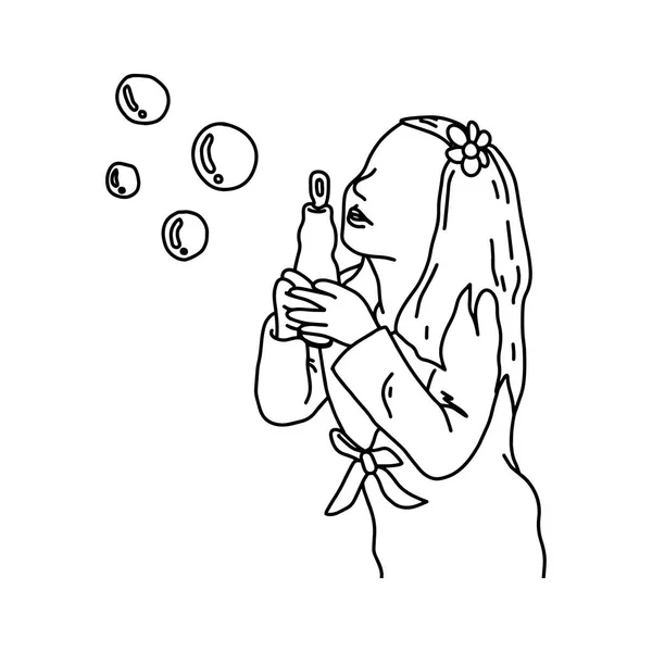 Linda chica soplando burbujas vector ilustración bosquejo mano dibujada con líneas negras, aislado sobre fondo blanco — Vector de stock