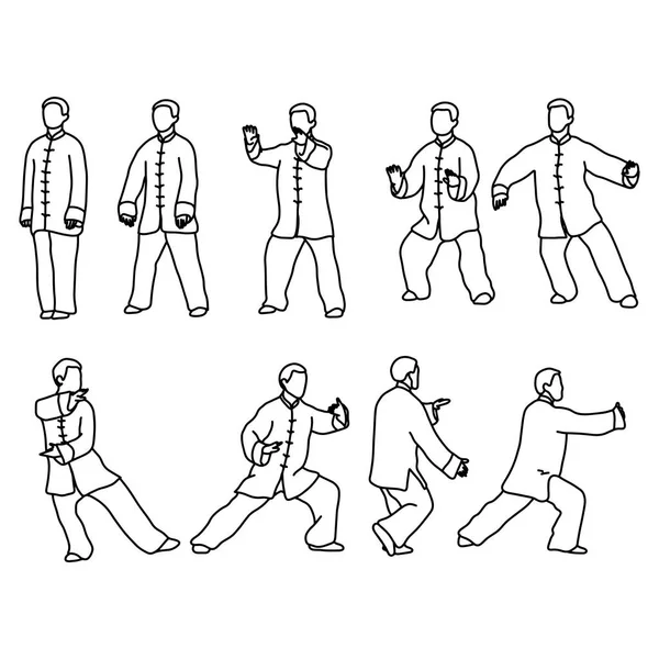 Nove forme di Tai-chi. Gli uomini indossano panni tradizionali cinesi vettoriale illustrazione schizzo disegnato a mano con linee nere, isolato su sfondo bianco — Vettoriale Stock