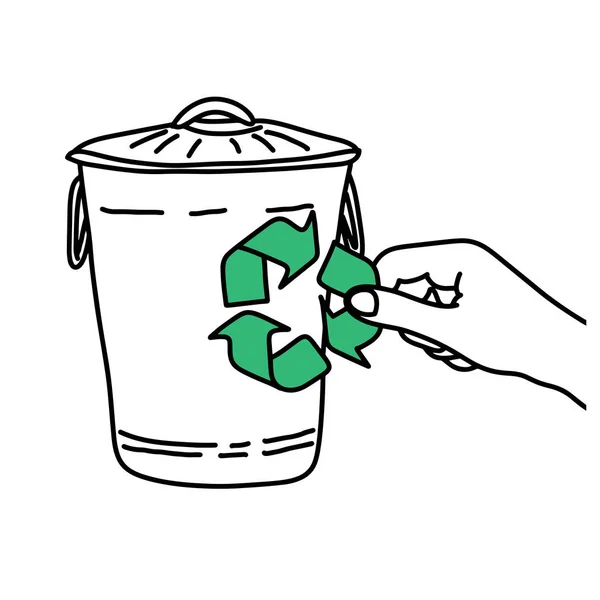 Hand hält Recycling-Zeichen auf Mülleimer Vektor Illustration Skizze Hand mit schwarzen Linien gezeichnet, isoliert auf weißem Hintergrund. ökologisches Konzept — Stockvektor