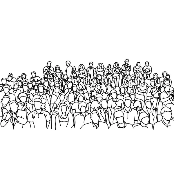 Muchedumbre personas en reunión pendiente sala vector ilustración boceto mano dibujada con líneas negras, aislado en fondo blanco — Vector de stock