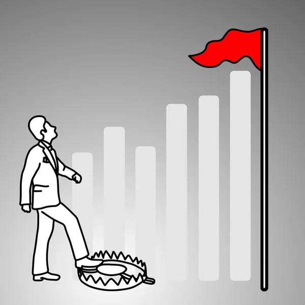 Leichtsinniger Geschäftsmann, der mit Bärenfalle auf sein Fußvektor-Doodle-Skizze mit schwarzen Linien auf grauem Hintergrund hochschaut. Geschäftskonzept. — Stockvektor