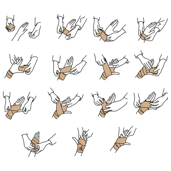 Cómo envolver una mano con una gasa elástica ilustración vectorial boceto dibujado a mano con líneas negras, aislado sobre fondo blanco — Archivo Imágenes Vectoriales