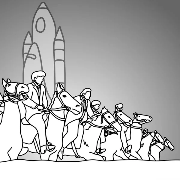 Podnikatel na koni s rocket backgroundvector ilustrace doodle skica ručně kreslenou s černými linkami izolované na šedém pozadí. Po spuštění obchodní koncept. — Stockový vektor