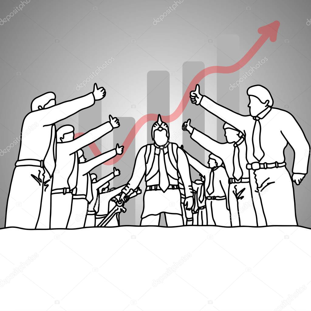 Happy and proud young businessman or manager with warrior suit and sword vector illustration doodle sketch hand drawn with black lines isolated on gray background. Business concept. 