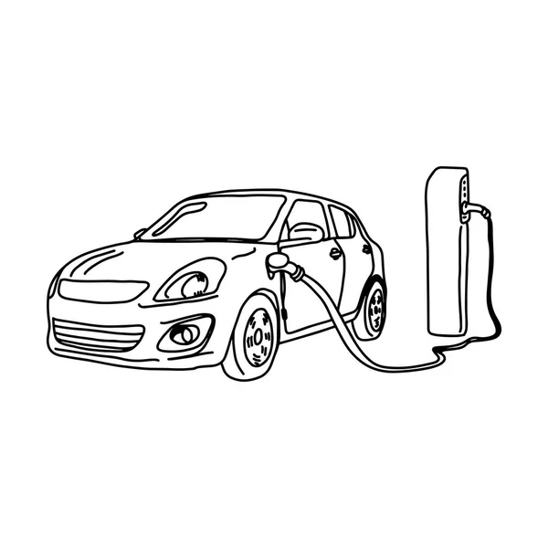 Samochód elektryczny i ładowania stacji wektor ilustracja szkicu ręcznie rysowane z czarne linie na białym tle — Wektor stockowy