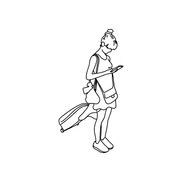Mujer con bolsa de viaje utilizando el teléfono móvil vector ilustración boceto dibujado a mano con líneas negras aisladas sobre fondo blanco — Vector de stock