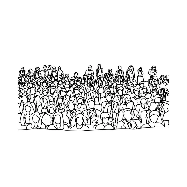 Gente de negocios o estudiantes en sala de conferencias ilustración vectorial boceto dibujado a mano con líneas negras aisladas sobre fondo blanco — Archivo Imágenes Vectoriales