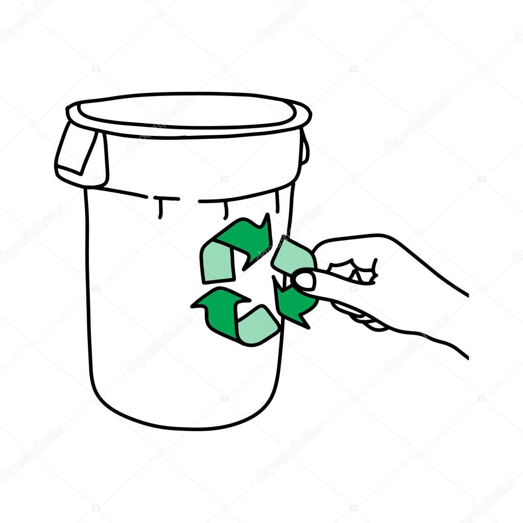 hand holding green recycle sign on trash can vector illustration sketch hand drawn with black lines, isolated on white background. Recycle concept.