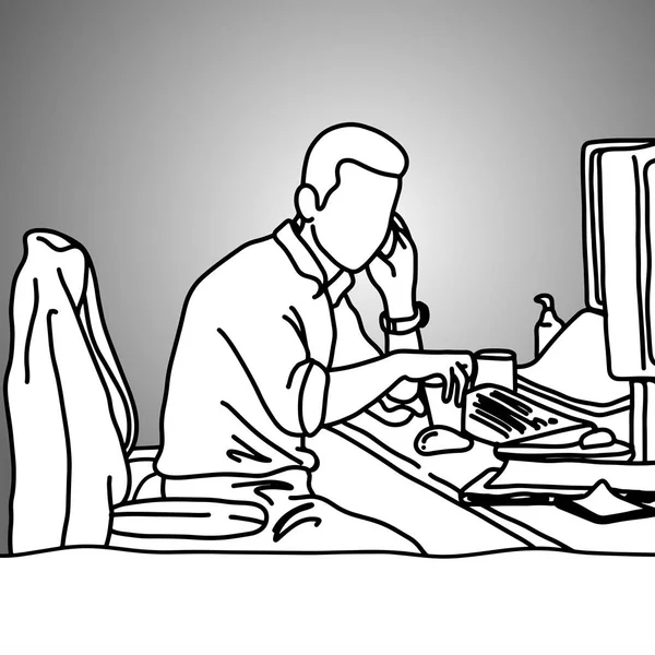 Hombre de negocios utilizando el teléfono móvil en su escritorio de trabajo desordenado ilustración vectorial garabato bosquejo mano dibujada con líneas negras aisladas sobre fondo gris. Concepto empresarial . — Archivo Imágenes Vectoriales