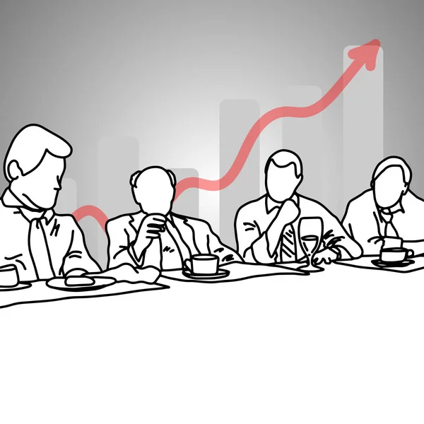 4 ビジネス人会議室ベクトル イラスト落書きを灰色のグラフでお互いに話は、灰色の背景に分離された黒の線で描く手をスケッチします。ビジネス コンセプト. — ストックベクタ