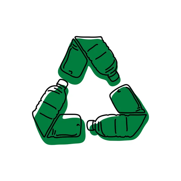 Зелений логотип переробки з використаної пляшки Векторна ілюстрація Ескізна рука намальована чорними лініями ізольовані на білому тлі — стоковий вектор