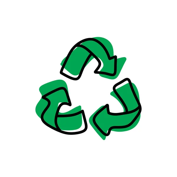 Groen recycle vector illustratie schets hand getekend met zwarte lijnen geïsoleerd op witte achtergrond — Stockvector