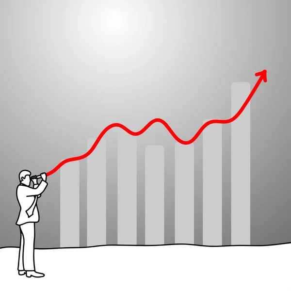 Zakenman opzoeken via telescoop met rode pijl op de grijze grafiek vector illustratie doodle schets hand getekend met zwarte lijnen geïsoleerd op een grijze achtergrond — Stockvector