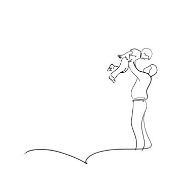 Baba holding mutlu oğul kadar elinde beyaz arka plan üzerinde izole siyah çizgilerle çizilmiş hava vektör illüstrasyon kroki