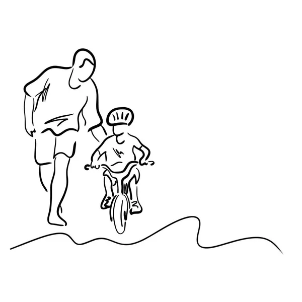 自転車のベクトル図に乗る息子を教える父スケッチ白い背景で隔離の黒い線で描かれた手 — ストックベクタ