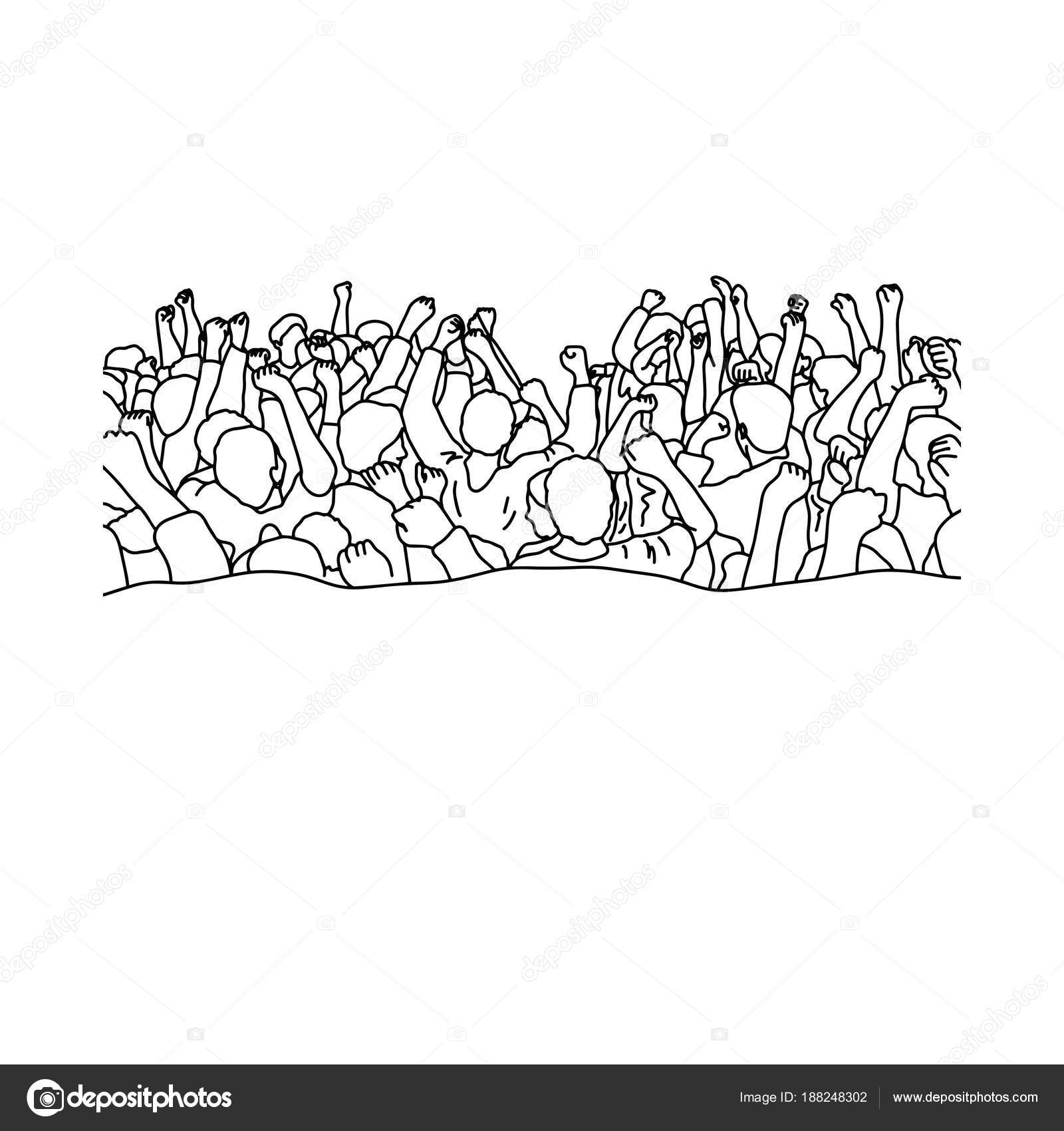 Drawing Crowd Of People Raise Their Hands Over Heads Vector Illustration Sketch Hand Drawn With Black Lines Isolated On White Background Vector Image By C Ad Vector Stock