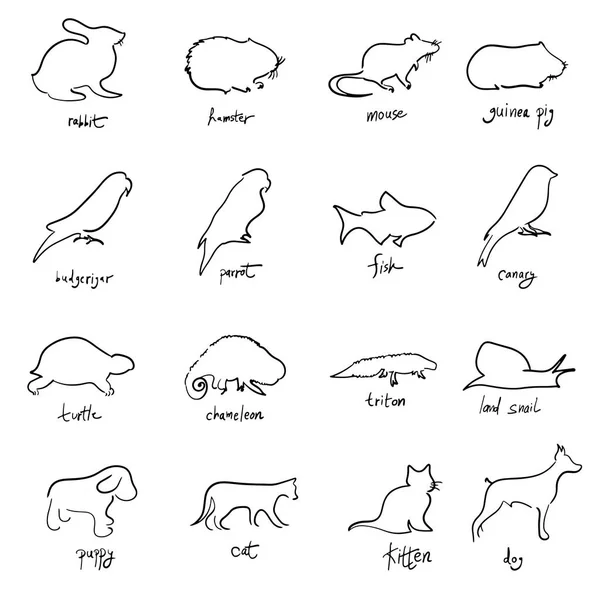 Conjunto de animales ilustración vectorial boceto dibujado a mano con líneas negras aisladas sobre fondo blanco — Vector de stock