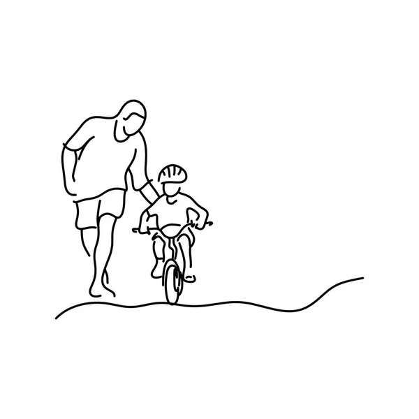 Minimalistisk far lära hans dotter med skyddshjälm att rida en cykel vektorillustration skiss hand dras med svarta linjer isolerad på vit bakgrund. Copyspace för text. — Stock vektor