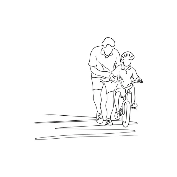 Apa fia, bukósisak, lovagolni a kerékpár vektoros illusztráció tanítás vázlat kézzel rajzolt elszigetelt fehér háttér, fekete vonalakkal. Copyspace szöveg. — Stock Vector
