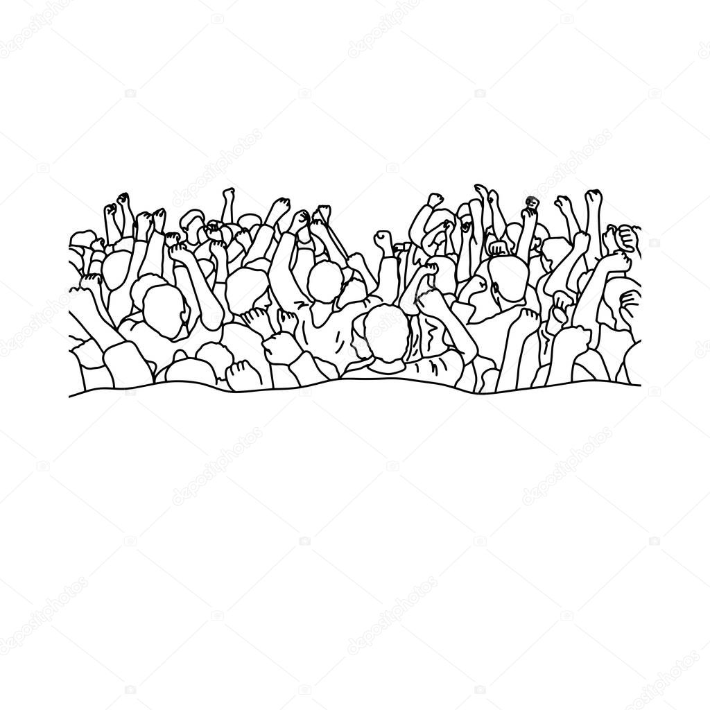 drawing crowd of people raise their hands over heads vector illustration sketch hand drawn with black lines isolated on white background