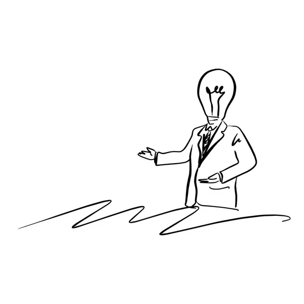 Testa lampada uomo d'affari che presenta qualcosa illustrazione vettoriale schizzo disegnato a mano con linee nere isolate su sfondo bianco. Copyspace . — Vettoriale Stock