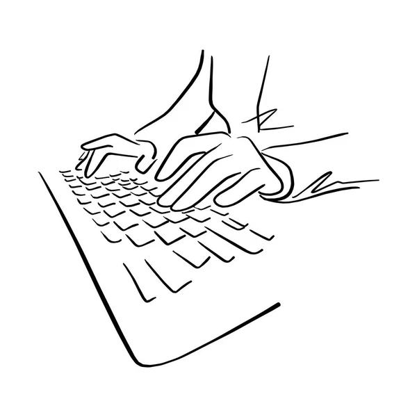 손으로 컴퓨터 벡터 일러스트 스케치 손으로 흰색 배경에 고립 된 검은 선으로 그린의 키보드를 사용 하 여 — 스톡 벡터