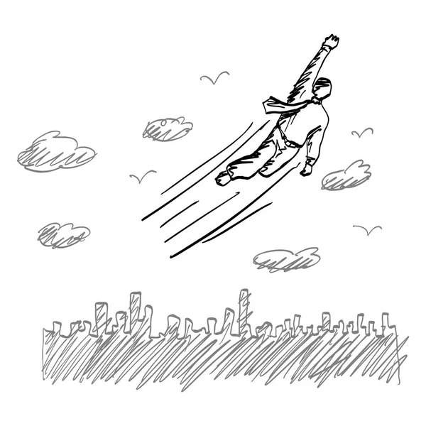 Metaphor businessman flying like a superhero over the city vector illustration sketch hand drawn with black lines isolated on white background — Stock Vector