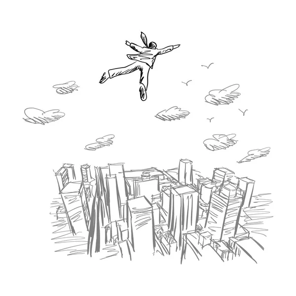 Gökyüzünde şehir vektör illüstrasyon kroki el ile izole beyaz arka plan üzerinde siyah çizgiler çizilmiş üzerinde uçan iş adamı — Stok Vektör