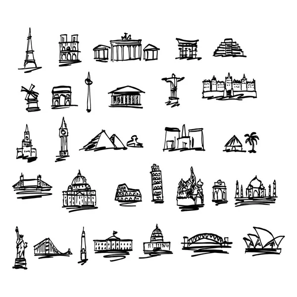 Repères doodle et lieux célèbres dans le monde croquis vectoriel illustration dessiné à la main avec des lignes noires isolées sur fond blanc — Image vectorielle