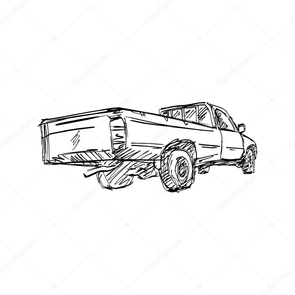 Rear view of pick-up truck vector illustration sketch hand drawn with black lines isolated on white background